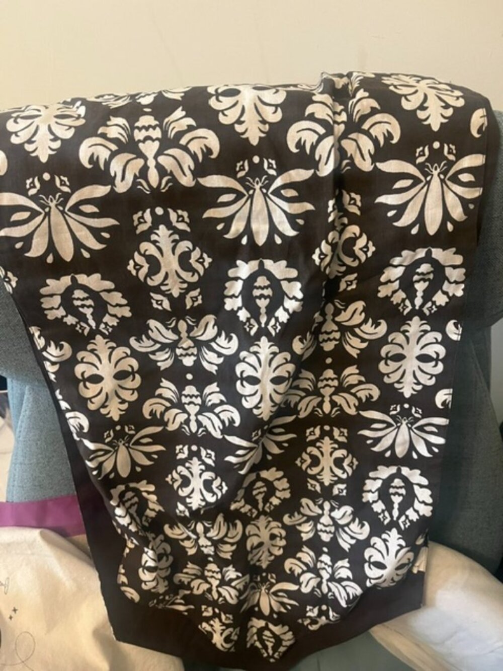 Pretty Dark Gray & White Damask Table Runner - Approx. 68" Long